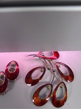 Jemax Vintage Red Enamel Teardrop Brooch and Earrings Set